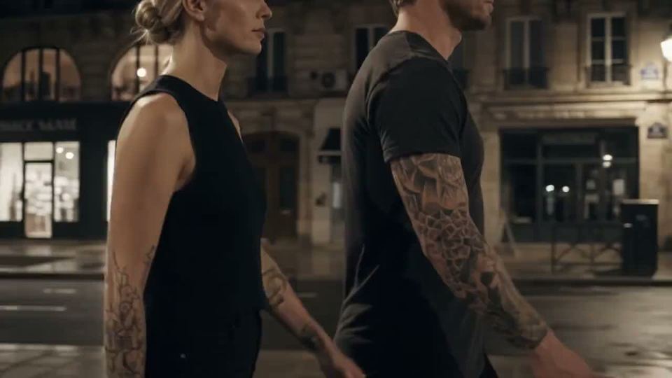 Deux passants tatoués traversant une rue de Nancy, la nuit
